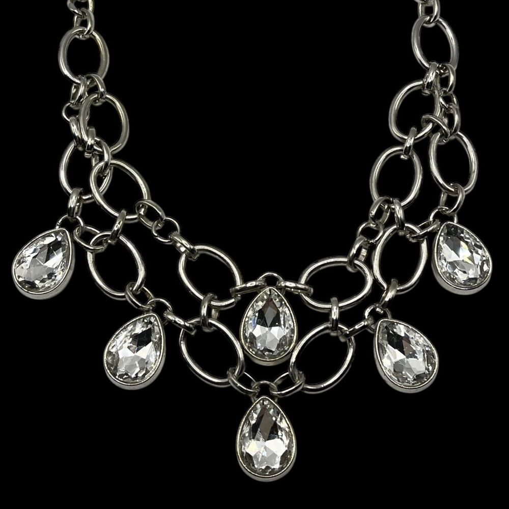 Chunky Rhinestone Teardrop Dangle Necklace Silver Tone Bib Black Tie Party Glam
